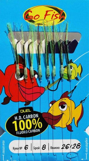 Go Fish N:6 Fluoro Carbon+Green UV lame with 8 black hooks